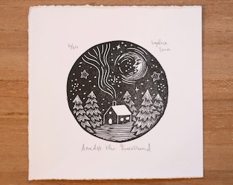 Mitten im Grünen | Original Linoldruck | Wald Poster | Mond und Sterne Poster | Landschaftsdruck | Vollmond Print