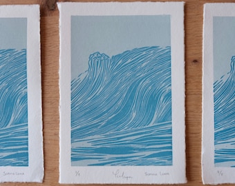 Teahupoo | Impression linogravure originale | Impression vague | Linogravure en édition limitée | Imprimé mer