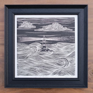 Light and Freedom | Original Linocut Print | Lighthouse Print | Original Art | Wave Print | Sea Print | Ocean Print