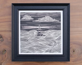 Lighthouse Linocut Print | Van Gogh Style Ocean Art