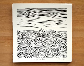 Storms, Tides and Pearls | Original Linocut Print | Sailing Print | Original Art | Wave Print | Sea Print | Ocean Print