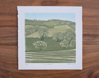 Die Wolds | Original Linoldruck | Landschaftsdruck | Landschaftsmalerei | Rolling Hills Druck | Englische Landschaft Kunst | Ländliche Malerei