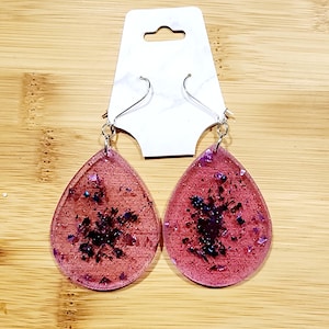 Large Pink Glitter Tear Drop Resin Earrings