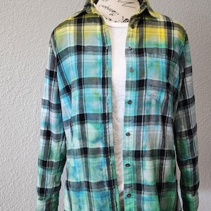 Upcycled Yellow & Green Tie Dyed Women&#39;s Flannel Long Sleeve Shirt