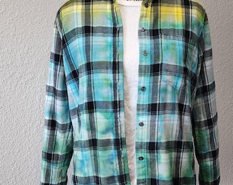 Upcycled Yellow & Green Tie Dyed Women&#39;s Flannel Long Sleeve Shirt