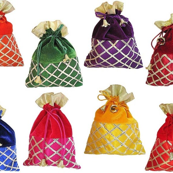 Potli mariage traditionnel croix Gota Patti en velours, sacs pour fruits secs, potli sacs, sacs à bijoux, action de grâces, sac cadeau Puja