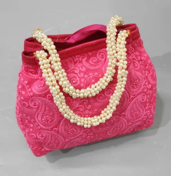 Buy Green Potli Bag In Raw Silk With Moti Embroidery In Rose Motif And  Floral Design