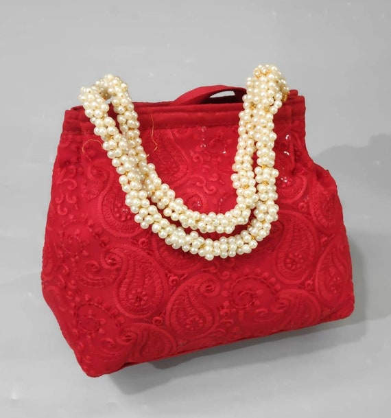 Divashin Chickenkari Embroidered Moti Design HandBag for Women & Girls  Ethnic Red - RitzieJewels - 3768391