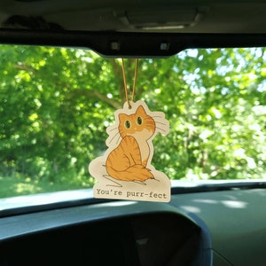 May include: A car air freshener with a cartoon orange cat and the text "You're purr-fect".