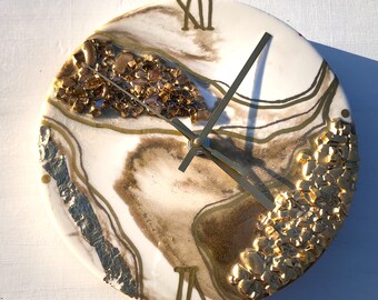 Beautiful 12\u201d White and Silver Geode Inspired Resin Wall Clock with Rocks.