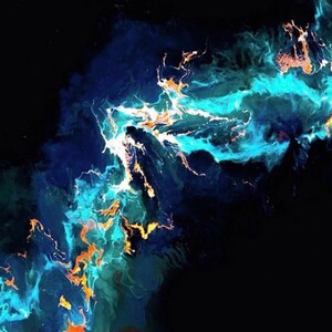 May include: Abstract painting with swirling blue, teal, and gold paint on a black background. The paint appears to be flowing and moving, creating a dynamic and energetic composition.