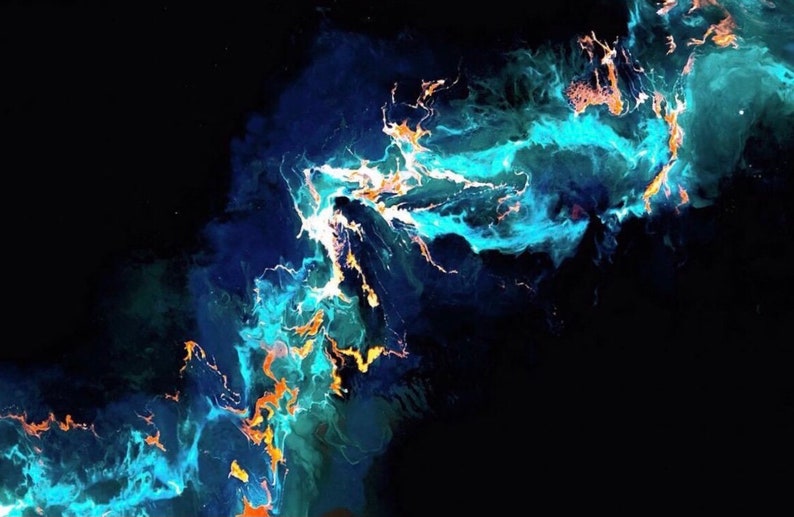 May include: Abstract painting with swirling blue, teal, and gold paint on a black background. The paint appears to be flowing and moving, creating a dynamic and energetic composition.
