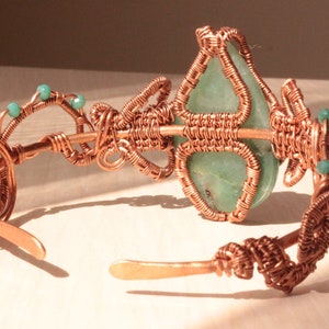 Aventurine bracelet, copper wire cuff, woven wire bracelet, statement cuff, unique design bracelet, adjustable open cuff zdjęcie 4