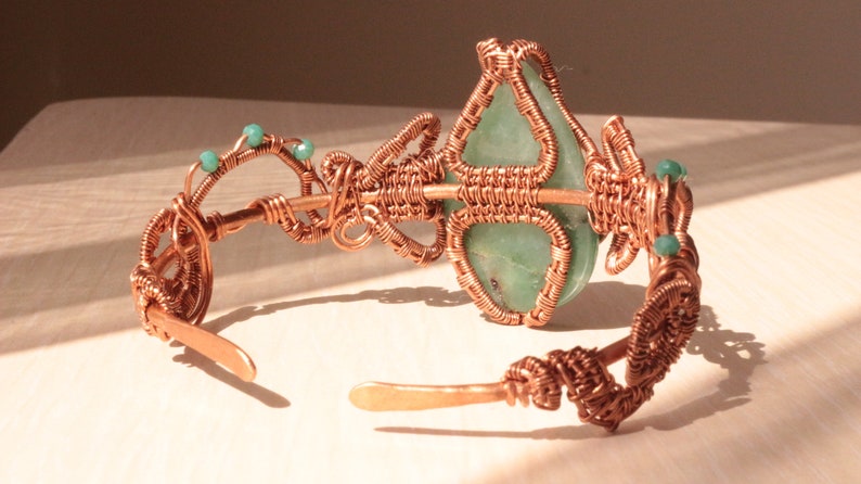 Aventurine bracelet, copper wire cuff, woven wire bracelet, statement cuff, unique design bracelet, adjustable open cuff zdjęcie 4