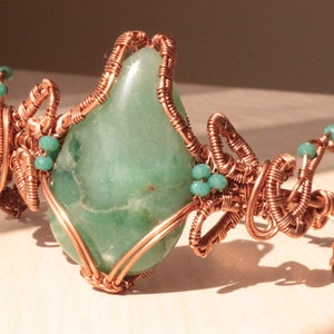 Aventurine bracelet, copper wire cuff, woven wire bracelet, statement cuff, unique design bracelet, adjustable open cuff zdjęcie 1