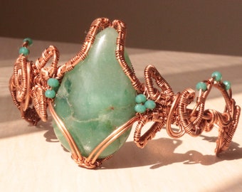 Aventurine bracelet, copper wire cuff, woven wire bracelet, statement cuff, unique design bracelet, adjustable open cuff