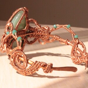 Aventurine bracelet, copper wire cuff, woven wire bracelet, statement cuff, unique design bracelet, adjustable open cuff zdjęcie 3