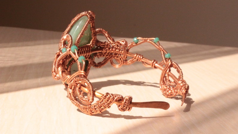 Aventurine bracelet, copper wire cuff, woven wire bracelet, statement cuff, unique design bracelet, adjustable open cuff zdjęcie 3