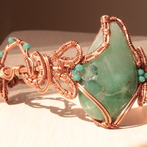 Aventurine bracelet, copper wire cuff, woven wire bracelet, statement cuff, unique design bracelet, adjustable open cuff zdjęcie 6