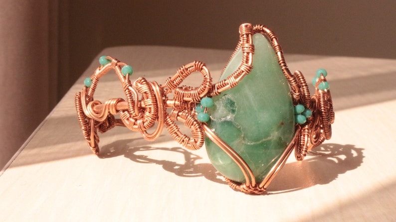 Aventurine bracelet, copper wire cuff, woven wire bracelet, statement cuff, unique design bracelet, adjustable open cuff zdjęcie 6