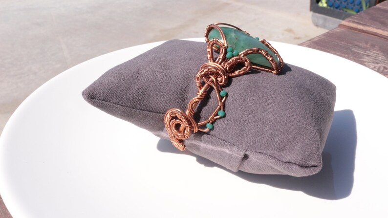 Aventurine bracelet, copper wire cuff, woven wire bracelet, statement cuff, unique design bracelet, adjustable open cuff zdjęcie 8