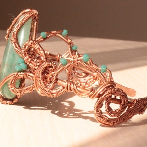 Aventurine bracelet, copper wire cuff, woven wire bracelet, statement cuff, unique design bracelet, adjustable open cuff zdjęcie 2