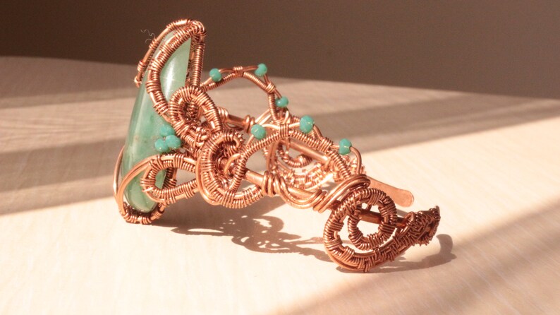 Aventurine bracelet, copper wire cuff, woven wire bracelet, statement cuff, unique design bracelet, adjustable open cuff zdjęcie 2