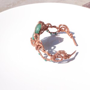 Aventurine bracelet, copper wire cuff, woven wire bracelet, statement cuff, unique design bracelet, adjustable open cuff zdjęcie 10