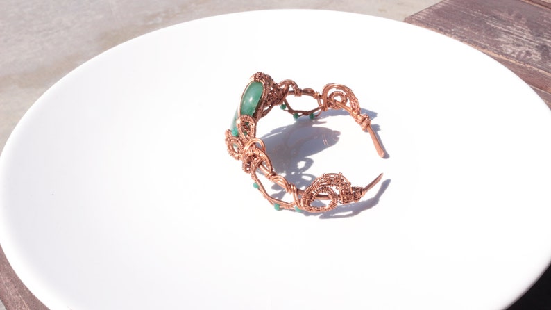 Aventurine bracelet, copper wire cuff, woven wire bracelet, statement cuff, unique design bracelet, adjustable open cuff zdjęcie 10