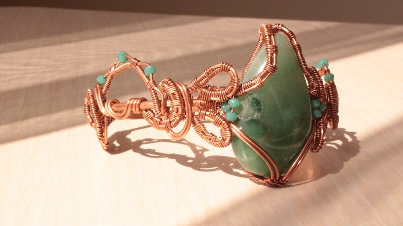 Aventurine bracelet, copper wire cuff, woven wire bracelet, statement cuff, unique design bracelet, adjustable open cuff zdjęcie 7