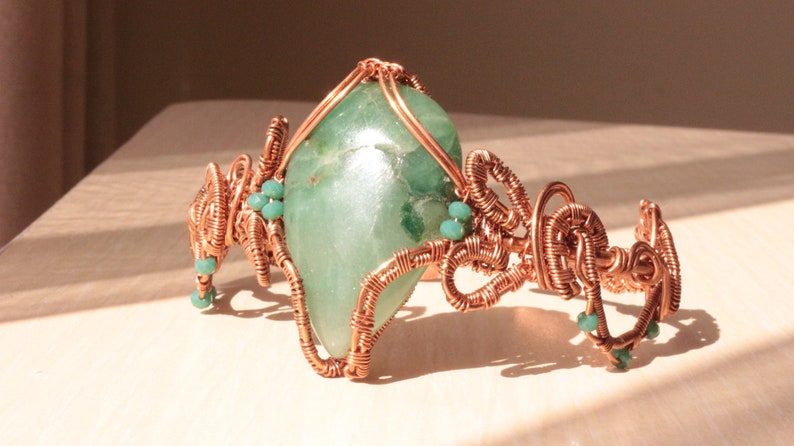 Aventurine bracelet, copper wire cuff, woven wire bracelet, statement cuff, unique design bracelet, adjustable open cuff zdjęcie 5