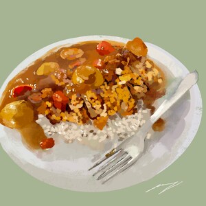 Katsu Curry Print in Green and Blue