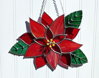 赤い大聖堂の手作りステンドグラスのクリスマスポインセチアサン