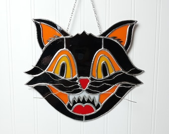 Vintage Inspired Halloween Cat Stained Glass Suncatcher