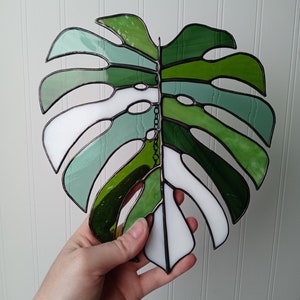 Multicolored Monstera Leaf Stained Glass Suncatcher 9 in