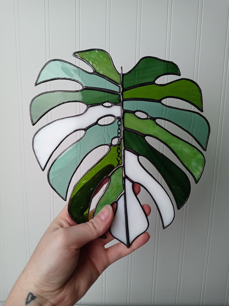 Multicolored Monstera Leaf Stained Glass Suncatcher 9 in