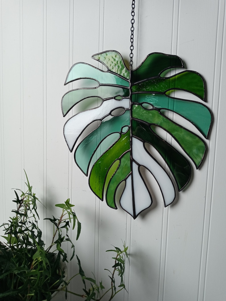 Multicolored Monstera Leaf Stained Glass Suncatcher image 6