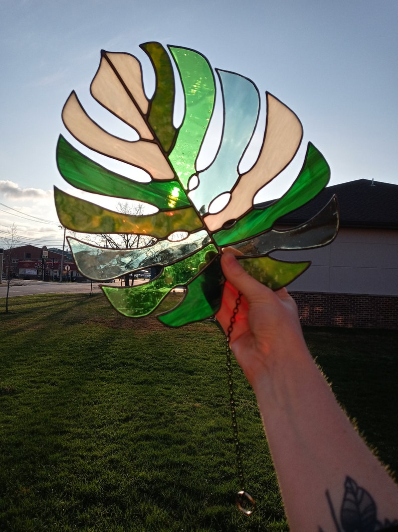 Multicolored Monstera Leaf Stained Glass Suncatcher image 9