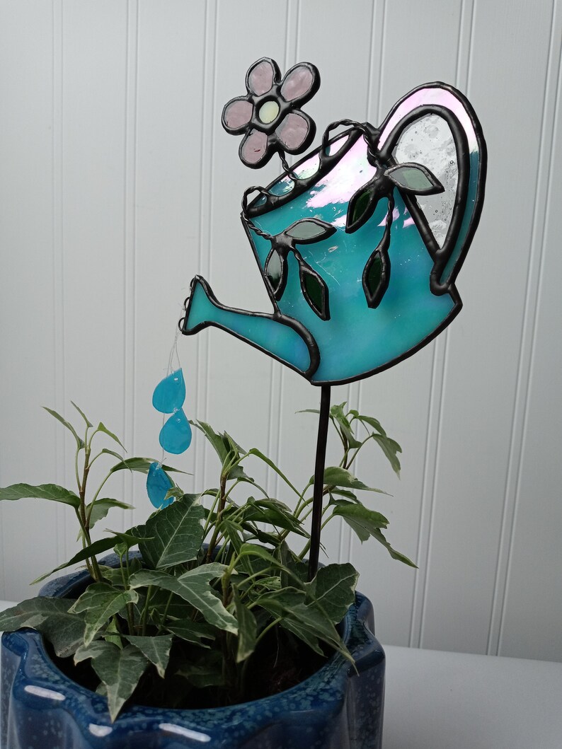 Watering Can Stained Glass Plant Stake Suncatcher Etsy
