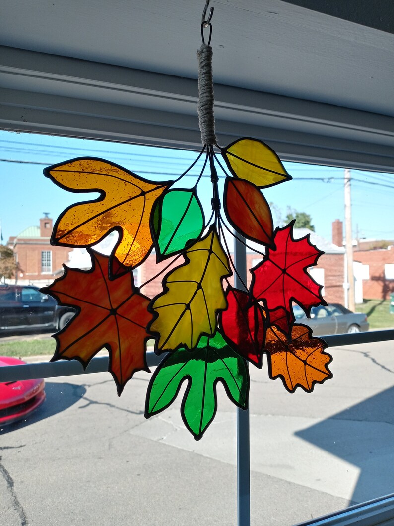 Autumn Leaves Stained Glass Wreath Suncatcher Etsy