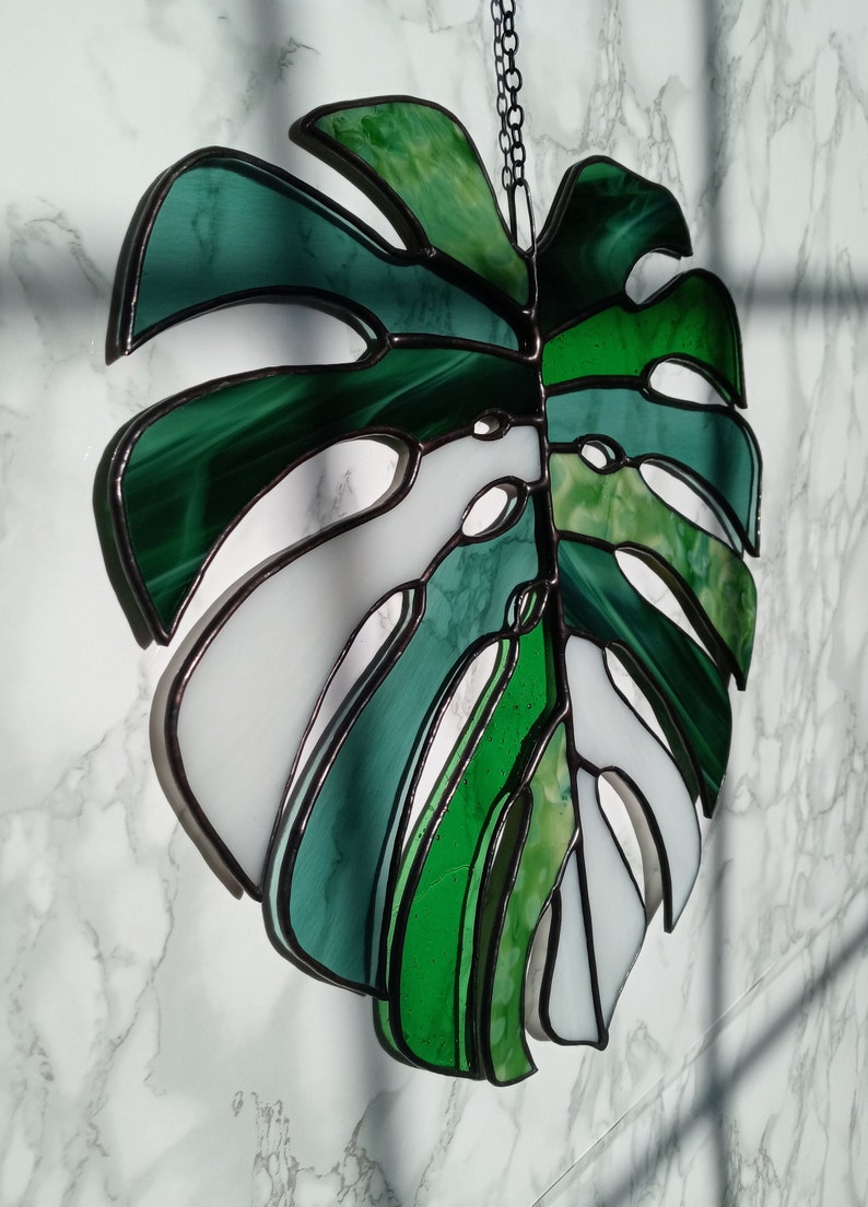 Multicolored Monstera Leaf Stained Glass Suncatcher image 7