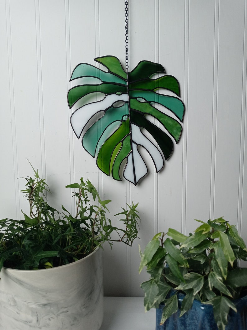 Multicolored Monstera Leaf Stained Glass Suncatcher image 1