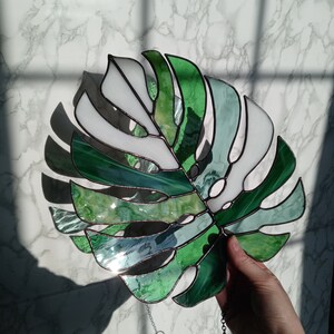 Multicolored Monstera Leaf Stained Glass Suncatcher 11.5 in