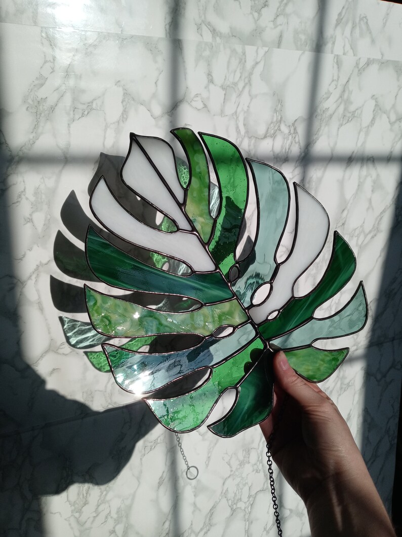 Multicolored Monstera Leaf Stained Glass Suncatcher 11.5 in