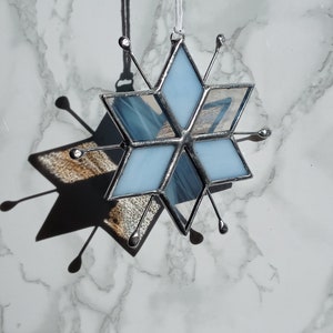 Small Snowflake Stained Glass Suncatcher Ornament Ice Blue and White