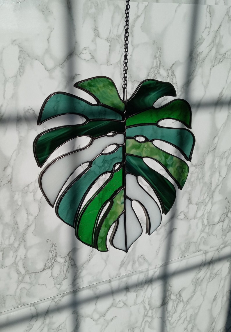 Multicolored Monstera Leaf Stained Glass Suncatcher image 2