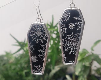 Spiderweb Coffin Stained Glass Halloween Earrings