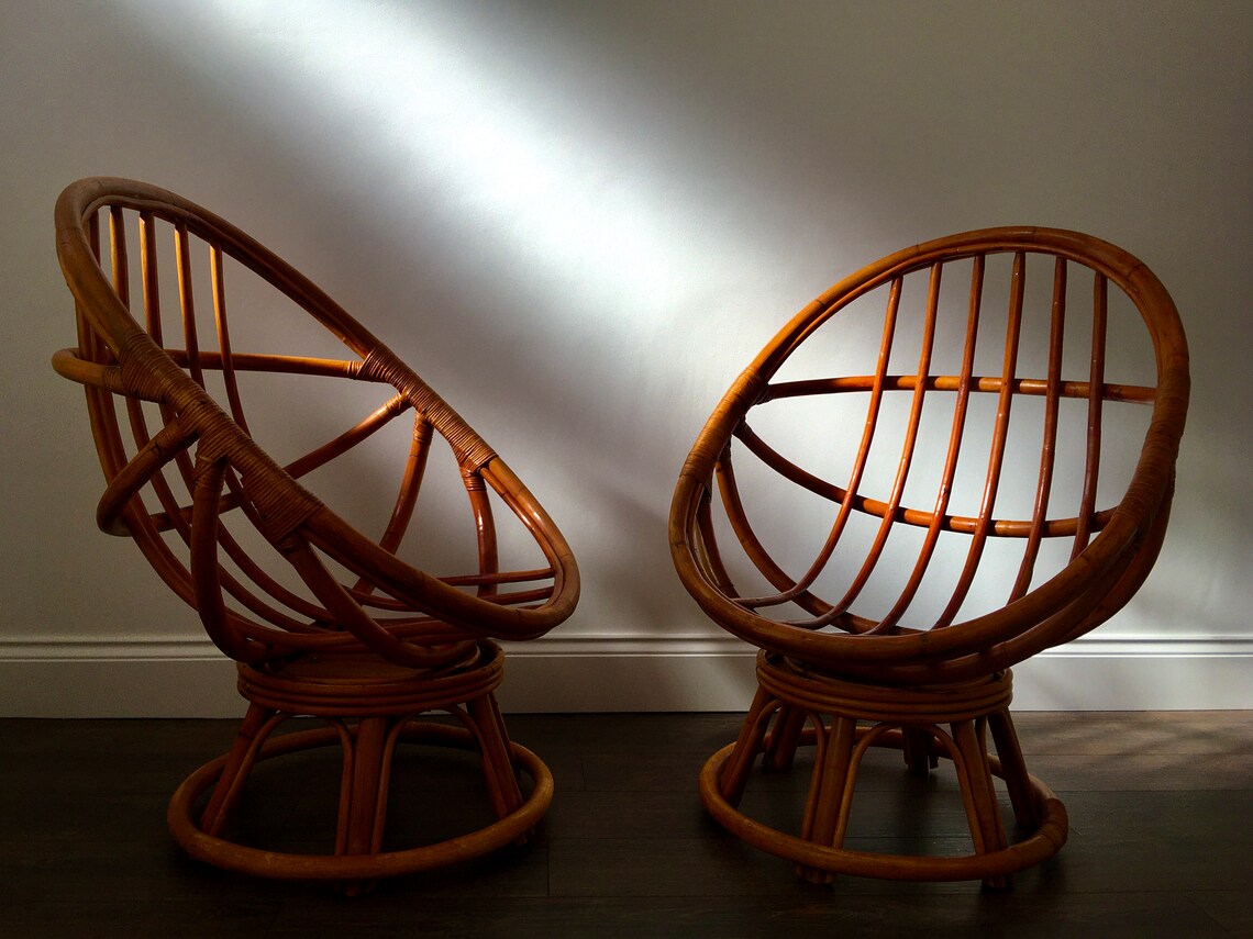 Pair of Vintage Bamboo Cane Swivel Egg Chairs with original Etsy