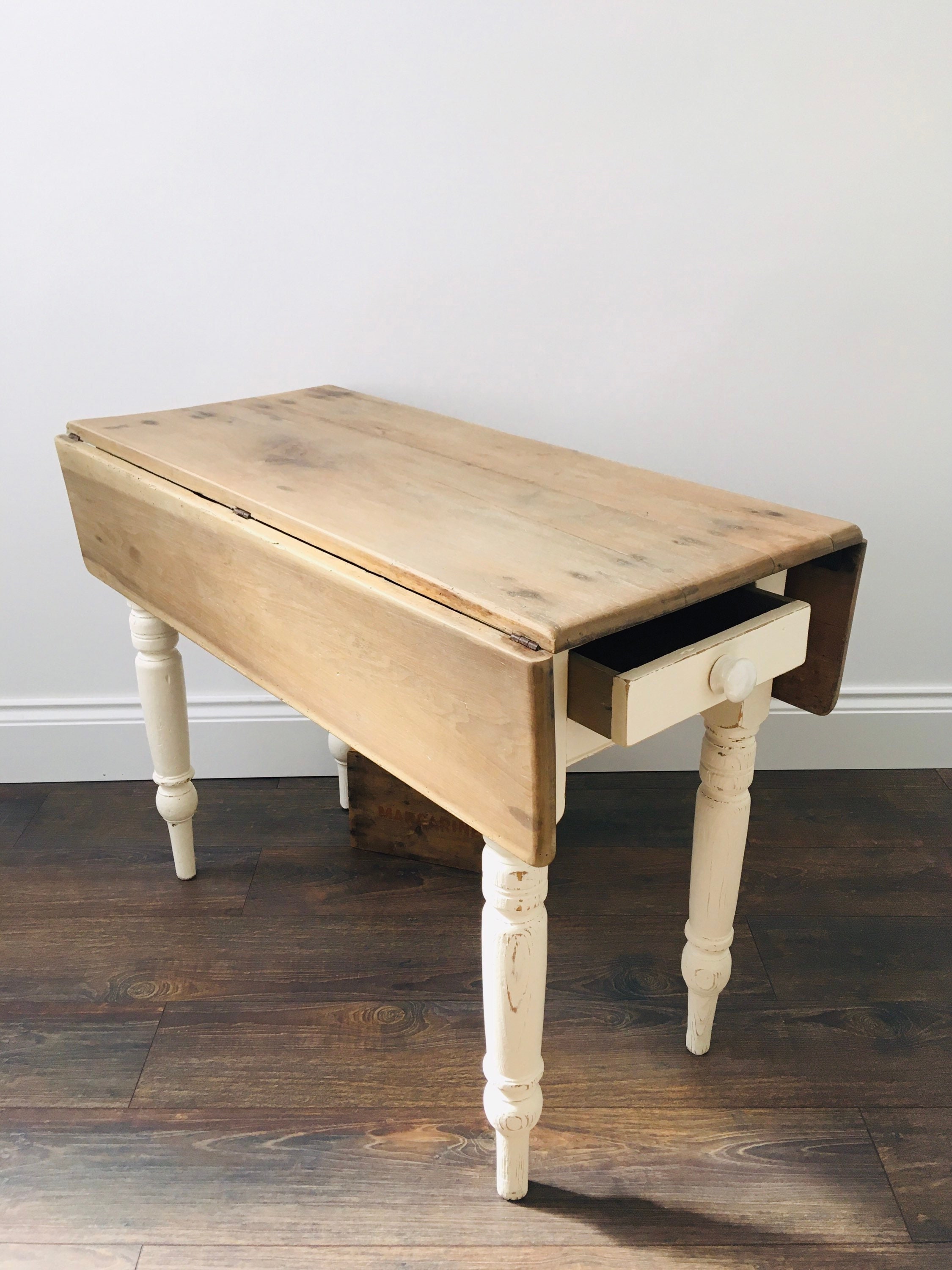 Sweet Rustic Antique Pine Drop Leaf Table with Single Drawer in cream