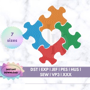 Peut inclure: Un motif de broderie représentant un cœur formé de quatre pièces de puzzle imbriquées en bleu, orange, vert et rouge. Le motif comprend le texte "7 tailles" et "Téléchargement instantané". Disponible en plusieurs formats de fichiers.